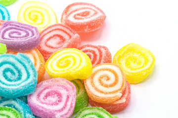 Colorful jelly candies isolate on white background.Top view  juicy gummy candies background.