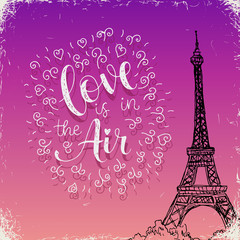 Fototapeta na wymiar Love is in the air. Valentines day hand lettering greeting card.