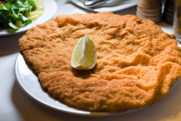 Wiener schnitzel, veal cutlet, austrian cuisine. Served with cold potatoes and rucola salad
