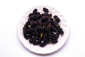 Close up fresh mulberry on white dish isolate on white background.Organic black mulberry fruit.