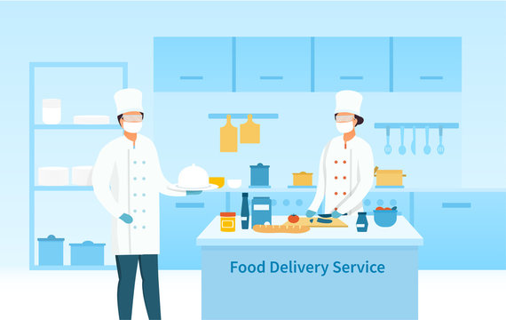 Two chefs preparing food for a Delivery Service in a restaurant kitchen during the coronavirus pandemic, colored vector illustration