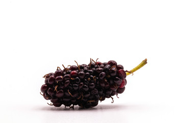 Close up fresh mulberry isolate on white background.Organic black mulberry fruit.