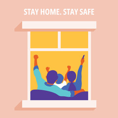 Stay at home awareness social media campaign and coronavirus prevention: family lived at home together happily