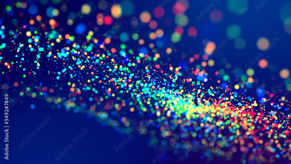 Poster 3d render of cloud of multicolored particles fly in air slowly or float in liquid like sparkles on d