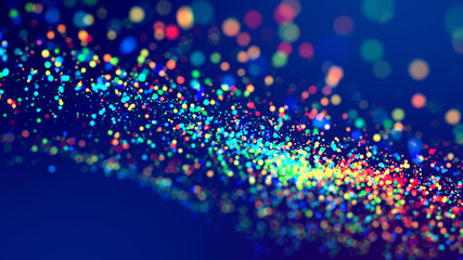 3d render of cloud of multicolored particles fly in air slowly or float in liquid like sparkles on dark blue background. Beautiful bokeh light effects with glowing particles.