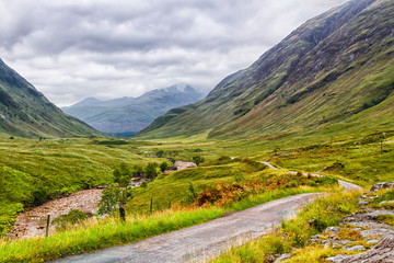 Glencoe or Glen Coe and Glen Etive valley, panoramic view landscape in Lochaber, Scottish Higlands,...