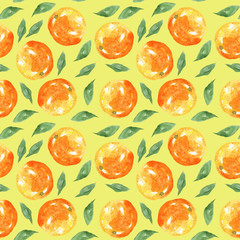 Seamless pattern of orange fruit and leaves on light green colored background. Watercolor hand drawn cute illustration for wallpaper, print, poster, textile, wrapping, fabric. Summer kawaii design.