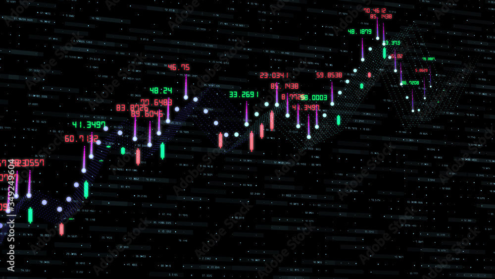 Poster financial graph and data showing a steady increase in profits, growing charts and flowing counters o