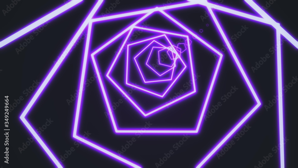 Poster neon pentagon tunnel abstract motion background. pentagon composed of vivid purple lines and camera 