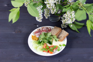Appetizer plate with ham, cheese, green basil, cilantro, cucumber, tomato, bread, mustard  on black wooden background with bird cherry flowers