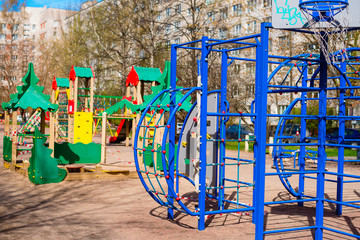 Fototapeta na wymiar Closed children's playground. COVID-19 security and protection measures in the city par