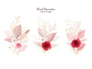 Floral decoration vector set. Botanic illustration of red and peach roses with leaves, branch. Flowers composition elements for wedding, greeting card, or logo design vector