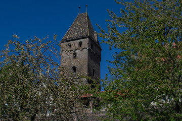 Fototapeta na wymiar The Metzerturm tower in Germany in the city of Ulm, is also known as the “leaning tower of Ulm”.