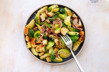 Roasted Brussel Sprouts, Bacon and Croutons