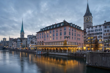 View of Zurich city center with famous historical houses and river Limmat, Canton of Zurich,...