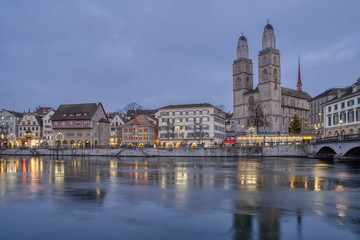 Fototapeta na wymiar View of Zurich city center with famous historical houses and river Limmat, Canton of Zurich, Switzerland
