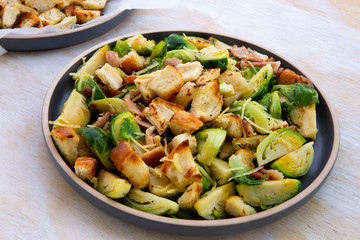 Roasted Brussel Sprouts, Bacon and Croutons