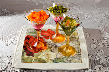 Dessert Homemade panna cotta with Papaya and pista on a white dining background