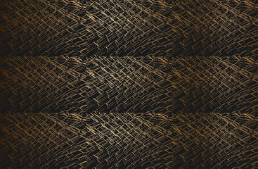 Set collage of golden distress old rusted peeled, scrathed vector texture with metal net, wire, cage, crossed stripes.