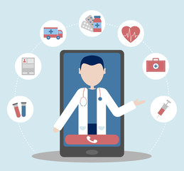 Patient consultation to the doctor via smartphone. Online medical support. Online doctor. Healthcare services.