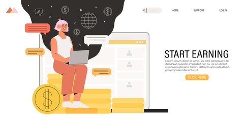 Full-time freelancer working distantly from home office on laptop and earn extra money by doing project on freelance platform or website. Online chat with fellow distant workers, partner or employer.