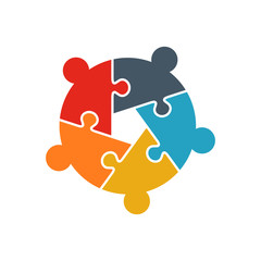Teamwork People jigsaw puzzle five person pieces logo. Team Building concept. People business group