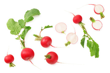 fresh radish with slices isolated on white background. top view