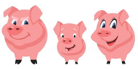 Pig family in cartoon style. Farm animals of different sex and age.
