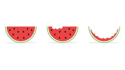 Set of fresh watermelons. Bitten pieces. Flat style. Vector illustration
