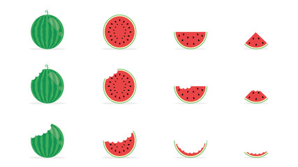 Set of fresh watermelons. Whole pieces, bitten and sliced. Flat style. Vector illustration
