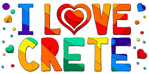I Love Crete - multicolored bright colorful funny cartoon isolated inscription. Crete - Greek island. For poster, banner, flyer, cards, souvenir, and prints on clothing, t-shirts. Stock vector image.