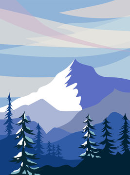 Winter landscape with mountains. Snowy illustration with hills, trees and clouds. Vector horizontal background	