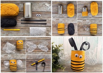 Collage of photos, children's learning how to make a pencil holders, a bee from a strand and a tin...