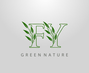 Green Nature Leaf Letter F, Y and FY Logo Design. monogram logo. Simple Swirl Green Leaves Alphabet Icon.