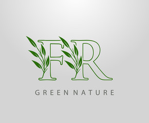 Green Nature Leaf Letter F, R and FR Logo Design. monogram logo. Simple Swirl Green Leaves Alphabet Icon.