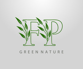 Green Nature Leaf Letter F, P and FP Logo Design. monogram logo. Simple Swirl Green Leaves Alphabet Icon.