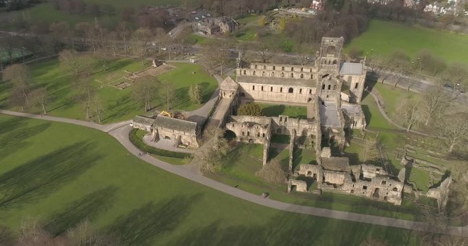 Aerial drone remains of ruins kirkstall abbey museum Leeds, West Yorkshire
