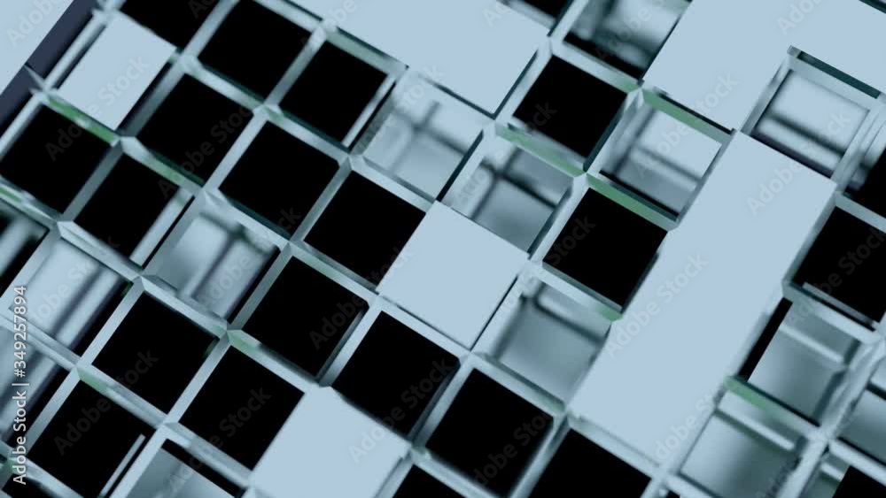 Poster blue neon light cube blockchain network futuristic flying into digital technologic animation 3d rend