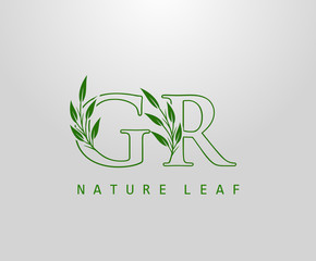 Nature Green Leaf Letter G, R and GR Logo Design. monogram logo. Simple Swirl Green Leaves Alphabet Icon.