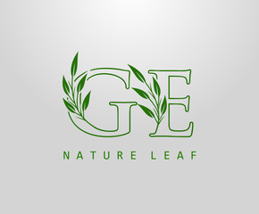 Nature Green Leaf Letter G, E and GE Logo Design. monogram logo. Simple Swirl Green Leaves Alphabet Icon.