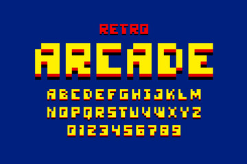 Pixel retro arcade game style font, 80s alphabet, letters and numbers