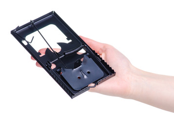 Mousetrap in hand danger equipment on white background isolation