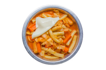 Korea's spicy rice cake, tteok-bokki stick in a plate on white background. 