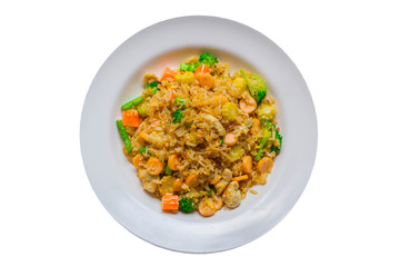 Fried rice, Asian fried rice,  Healthy food fried rice chicken with egg and vegetable on white background.