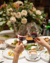Banquet table with wine and food