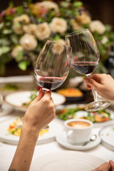 Banquet table with wine and food