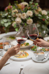 Banquet table with wine and food