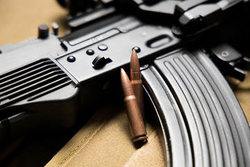 Closeup of a Kalashnikov MKK-104 assault rifle with bullets.