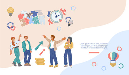 Website page template with ambitious business team members on way to success and financial prosperity. Purposes and goals of  business company and personal career growth. Flat vector Illustration.