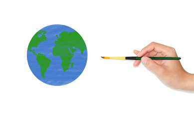 Closeup Hand holding paint brush on white background , Create your world ecology concept, Help the Earth with eco-friendly concept idea.